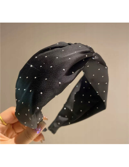 Lolita Accessories opaska do włosów węzeł CZARNA SATYNA Z DŻETAMI